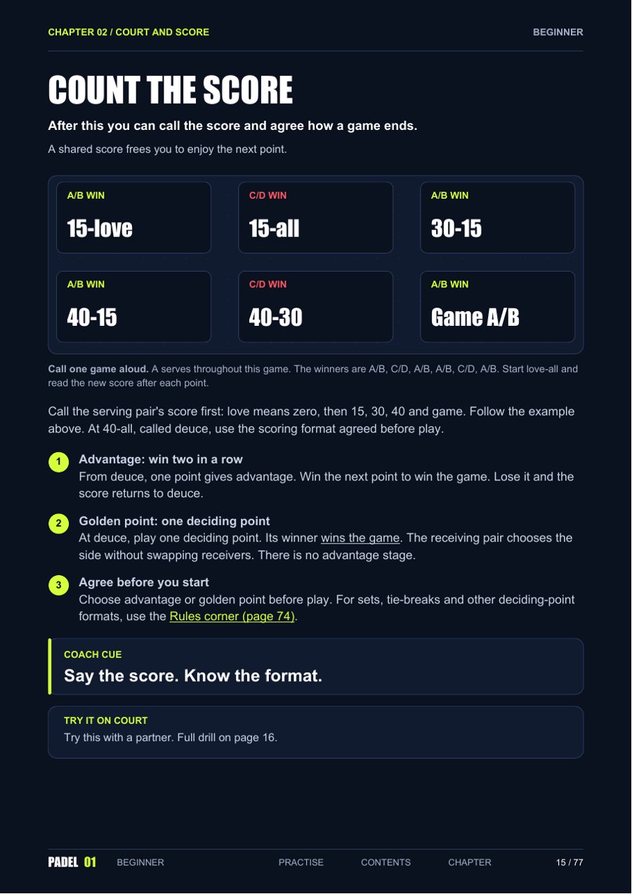 Guide page: Count the score, from 15-love to game.